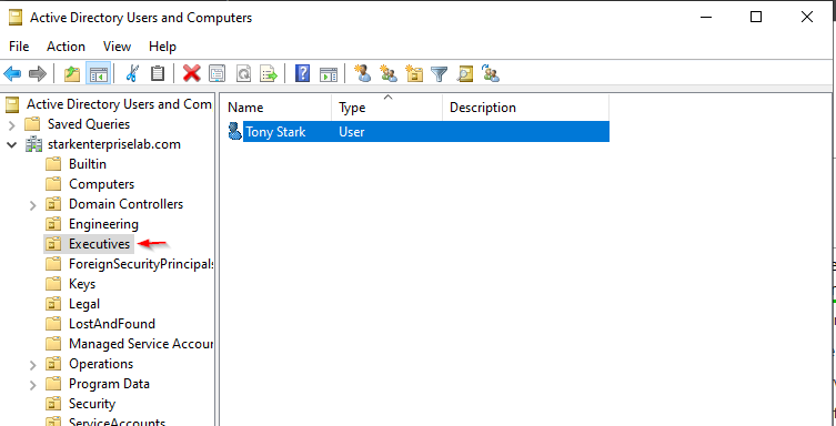 Active Directory user account properties for a user in the Executives OU