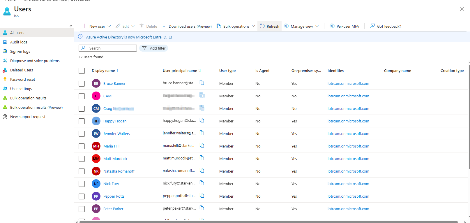 Microsoft Entra ID admin center showing fifteen synced users