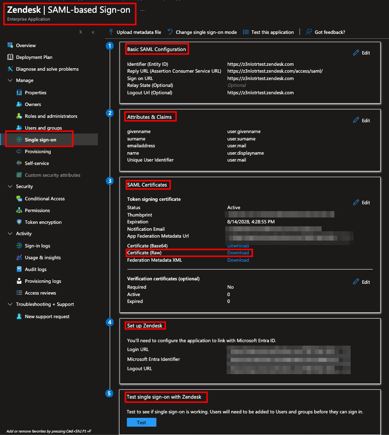 Microsoft Entra ID SAML single sign-on configuration for the Zendesk enterprise application