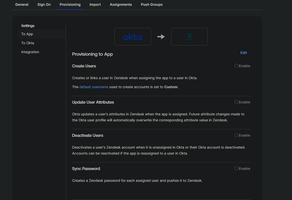 Okta provisioning features enabled for create, update, and deactivate user lifecycle actions