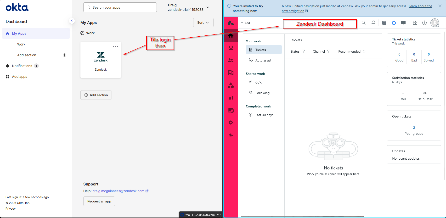 Zendesk agent dashboard after a successful IdP-initiated sign-in from Okta