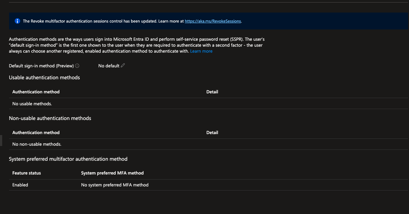 Authentication methods blade showing zero MFA methods registered for the test account