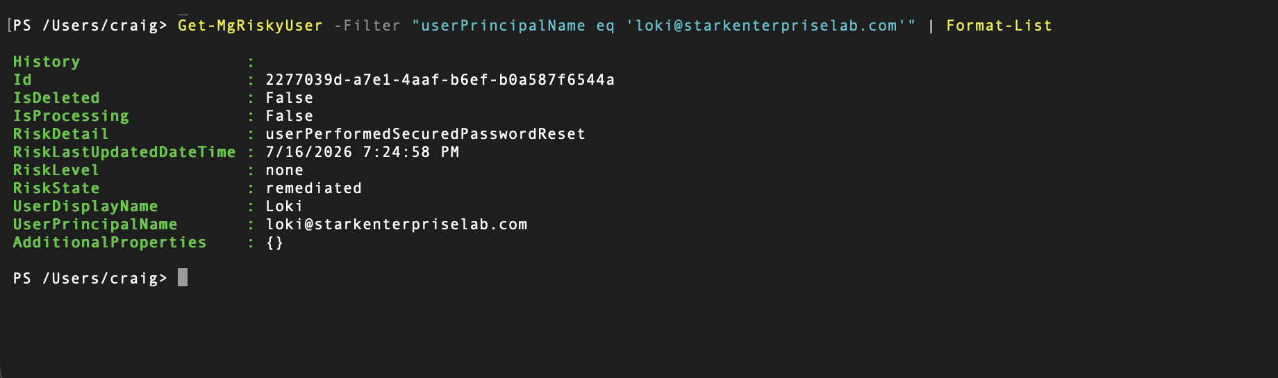 Get-MgRiskyUser PowerShell output showing RiskState Remediated after the admin password reset