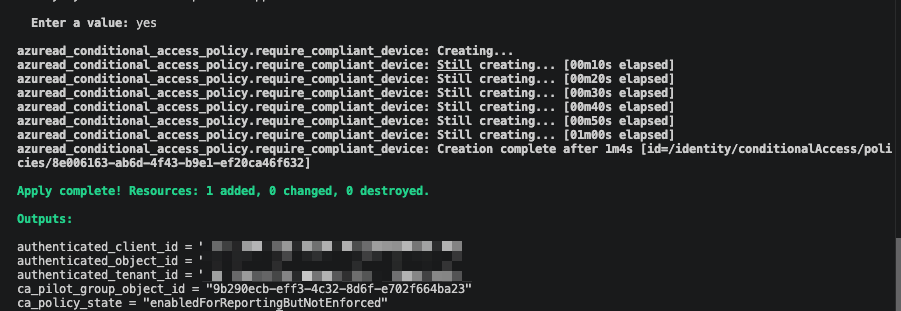 Terminal output showing terraform apply completing successfully in report-only state