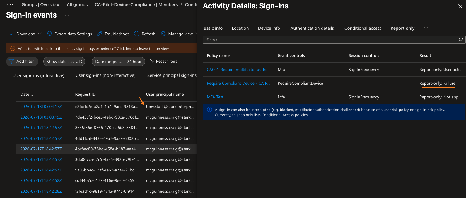 Sign-in log report-only tab showing the new policy correctly evaluating as a failure without enforcing