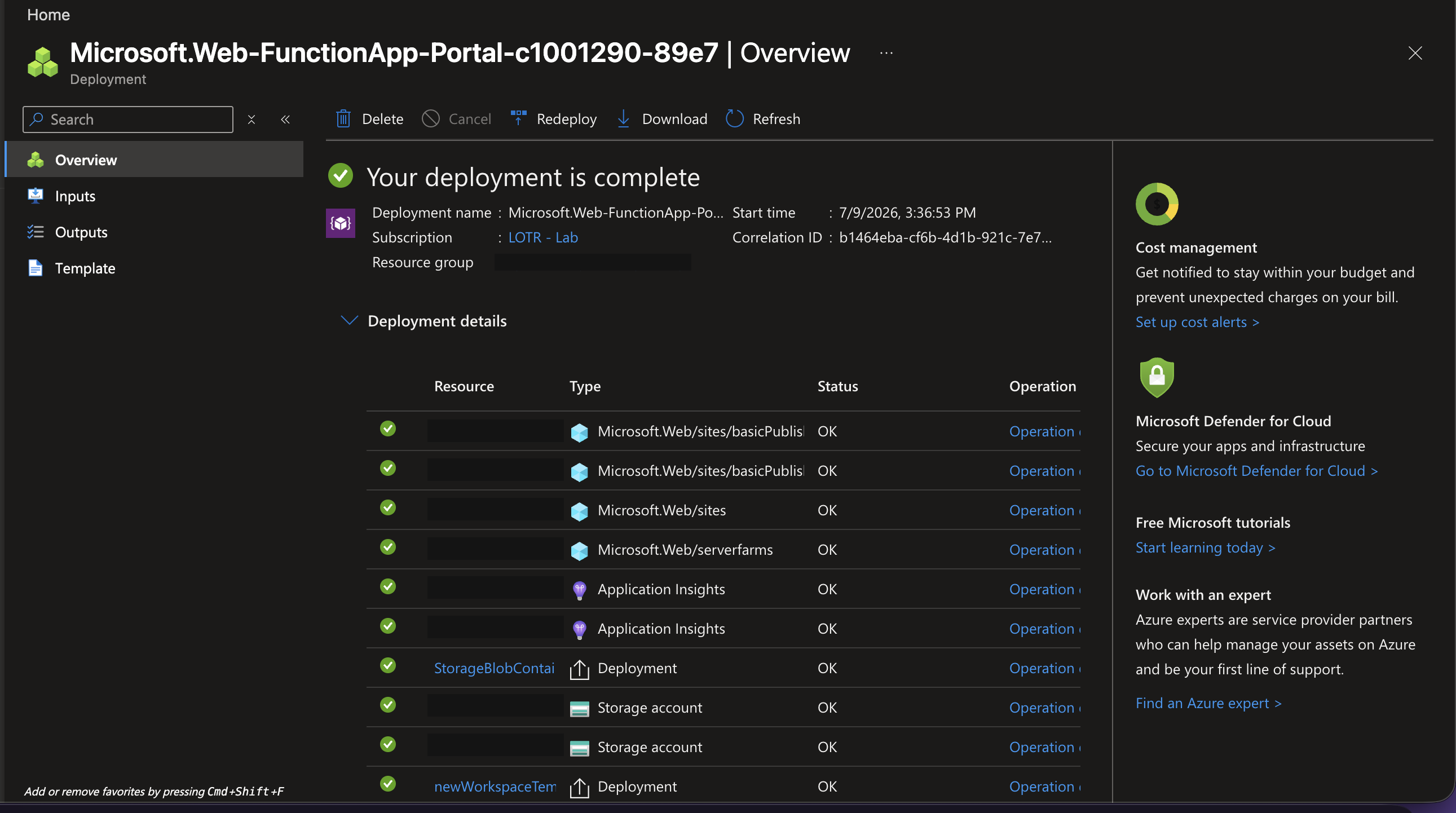 Azure deployment overview showing all resources for the payment gateway provisioned successfully