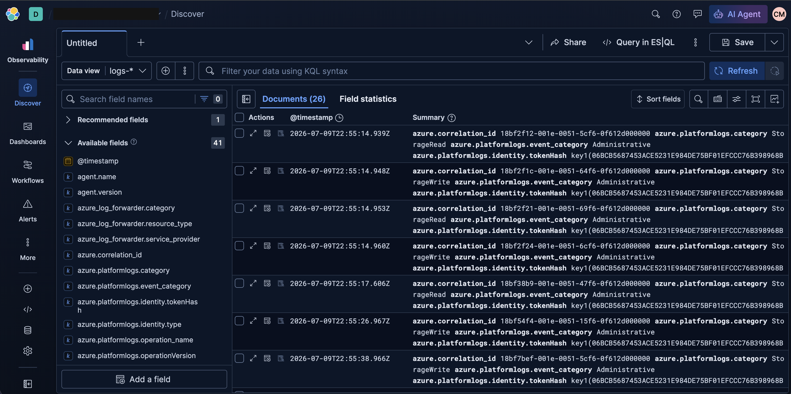 Kibana Discover view showing SecretGet events with azure.correlation_id and token hash fields