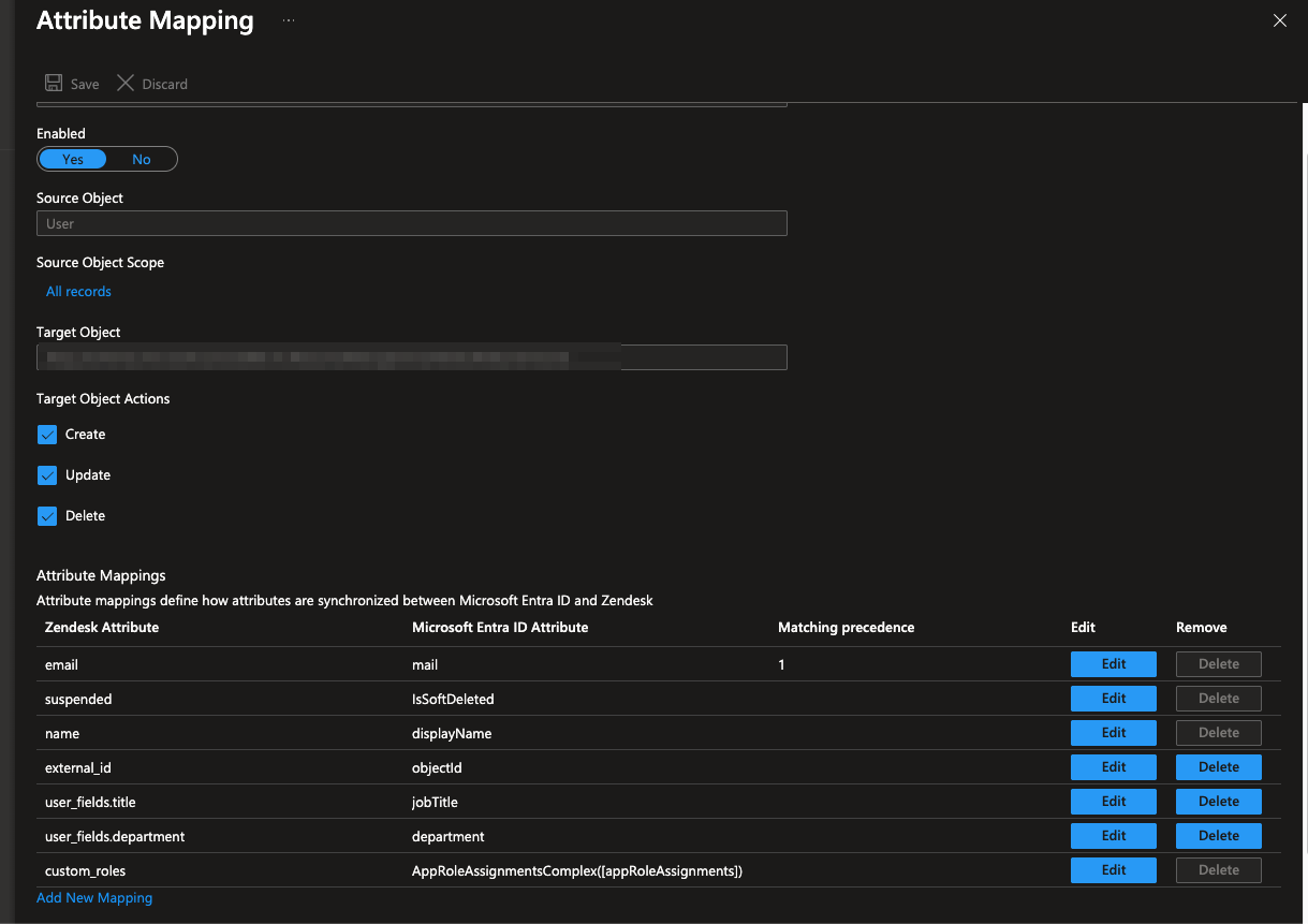 Microsoft Entra ID attribute mapping configuration for the Zendesk provisioning connector
